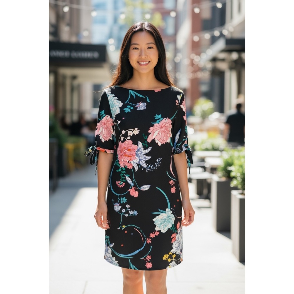 Adrianna Papell Black Floral Print Tie Sleeve Boat Neck Dress Cocktail‎ Size 2